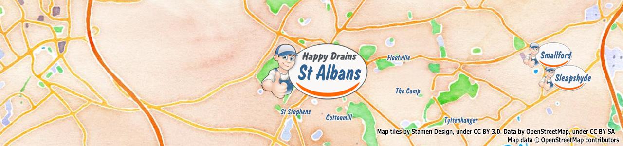 Service area map showing Happy Drains coverage across St Albans (AL1)