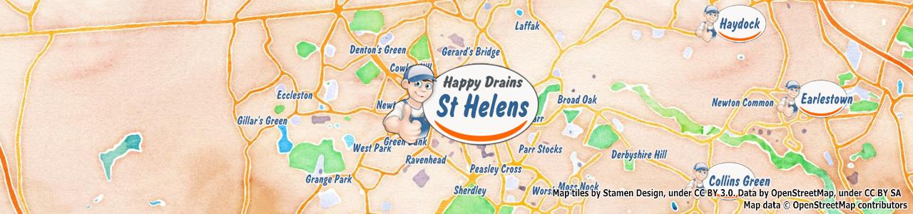 Service area map showing Happy Drains coverage across St Helens, Newton Le Willows (WA12, WA9)