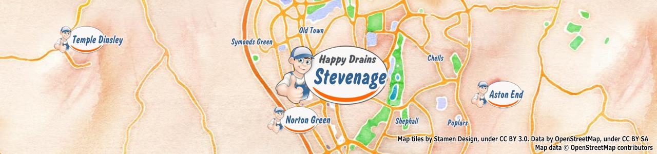Service area map showing Happy Drains coverage across Stevenage, Hertford, Hitchin, Knebworth, Much Hadham and more (SG1, SG10, SG11, SG13, SG3, SG4)