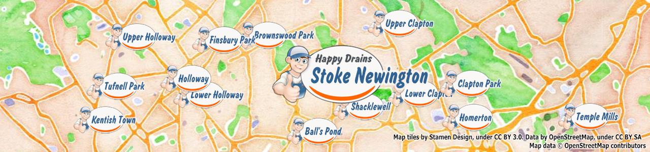 Service area map showing Happy Drains coverage across Stoke Newington (N16)