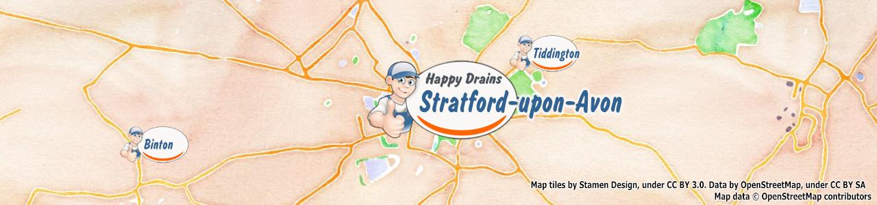 Service area map showing Happy Drains coverage across Stratford Upon Avon, Shipston On Stour (CV36, CV37)