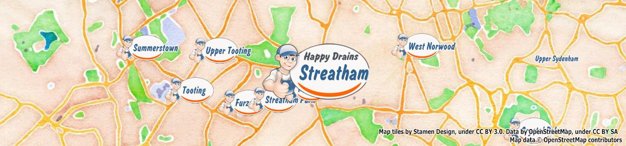 Service area map showing Happy Drains coverage across Streatham (SW16)