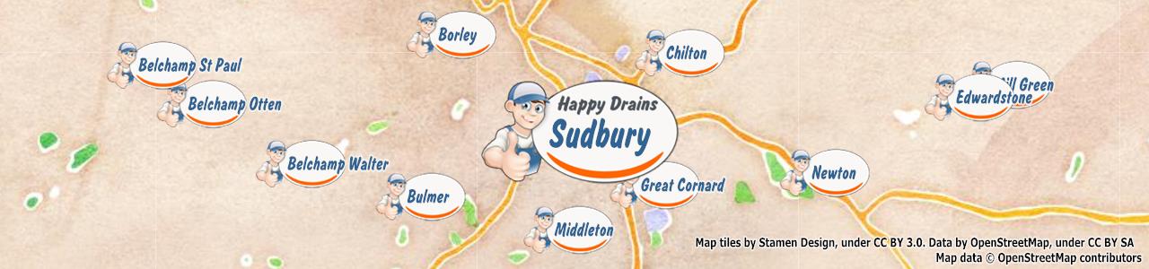 Service area map showing Happy Drains coverage across Sudbury, Bures (CO10, CO8)