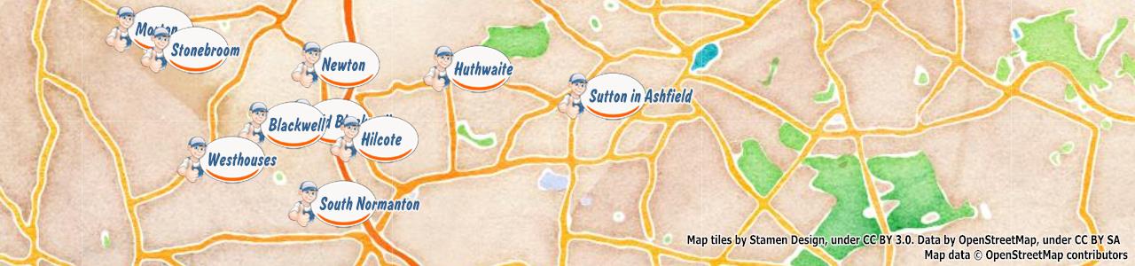 Service area map showing Happy Drains coverage across Sutton In Ashfield, Nottingham (NG1, NG17)