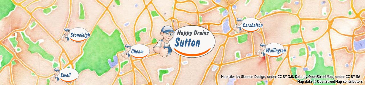 Service area map showing Happy Drains coverage across Sutton (SM1)