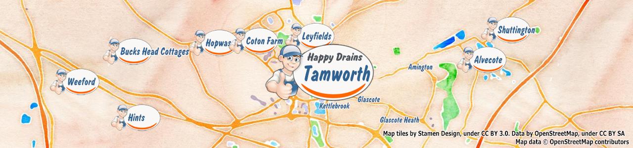 Service area map showing Happy Drains coverage across Tamworth (B77)