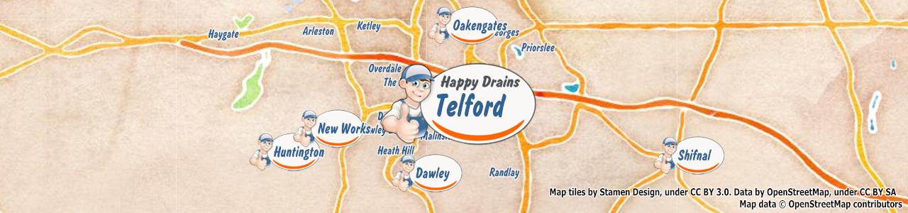 Service area map showing Happy Drains coverage across Telford, Market Drayton, Much Wenlock, Newport (TF1, TF10, TF13, TF9)