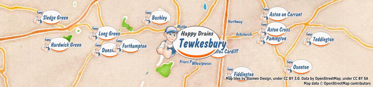 Service area map showing Happy Drains coverage across Tewkesbury, Chipping Campden (GL20, GL55)