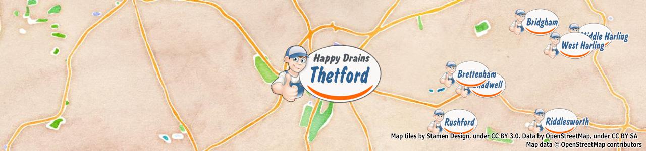 Service area map showing Happy Drains coverage across Thetford (IP24)