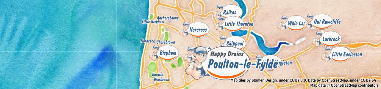 Service area map showing Happy Drains coverage across Thornton Cleveleys, Blackpool, Fleetwood, Poulton Le Fylde (FY0, FY5, FY6, FY7)