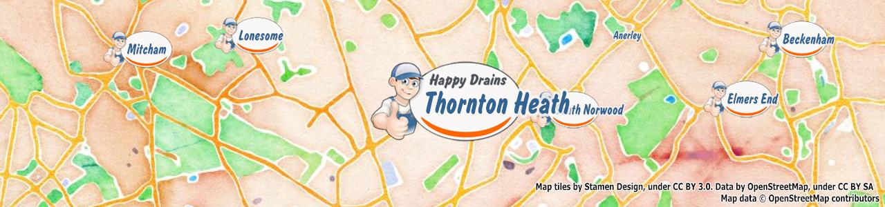 Service area map showing Happy Drains coverage across Thornton Heath (CR7)