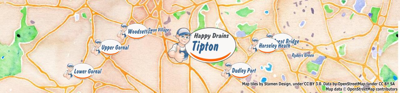 Service area map showing Happy Drains coverage across Tipton, Dudley (DY1, DY4)