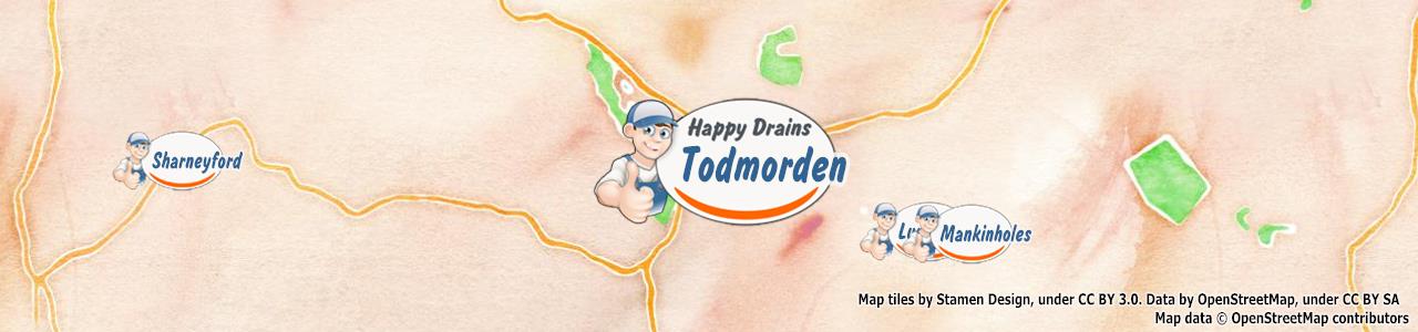 Service area map showing Happy Drains coverage across Todmorden (OL14)
