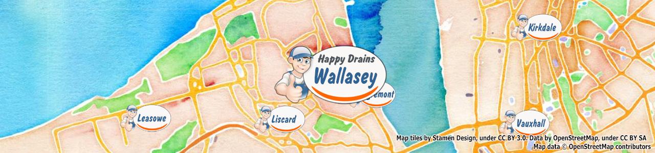 Service area map showing Happy Drains coverage across Wallasey, Birkenhead, Prenton, Wirral (CH25, CH26, CH27, CH28)