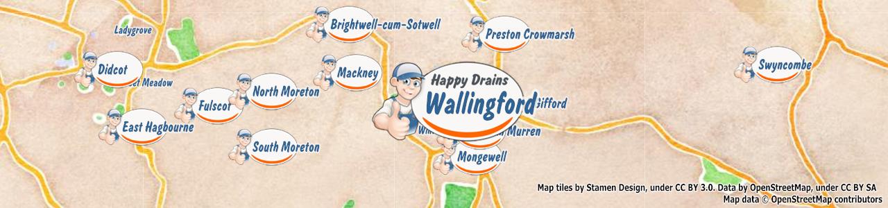 Service area map showing Happy Drains coverage across Wallingford, Chinnor, Thame, Watlington (OX10, OX39, OX49, OX9)