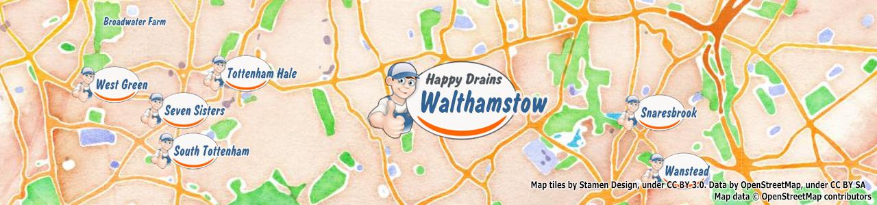 Service area map showing Happy Drains coverage across Walthamstow (E17)