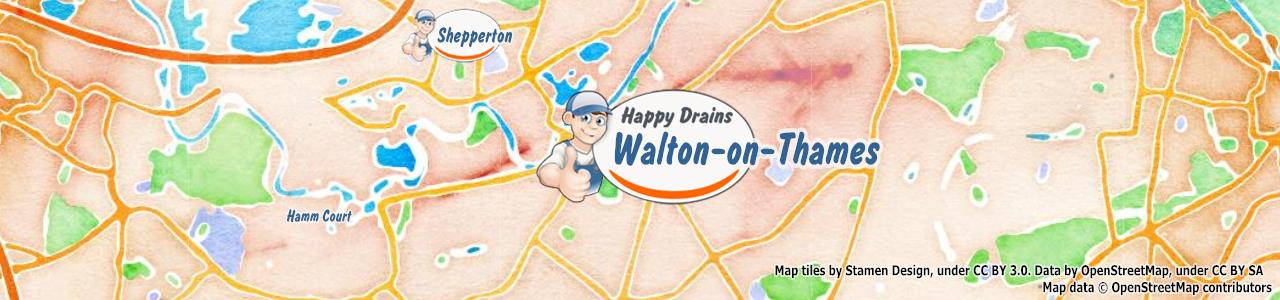 Service area map showing Happy Drains coverage across Walton On Thames (KT12)