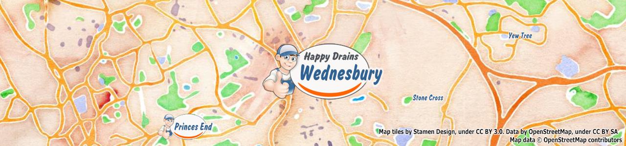 Service area map showing Happy Drains coverage across Wednesbury (WS10)