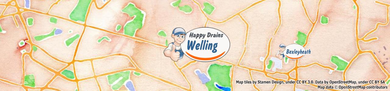 Service area map showing Happy Drains coverage across Welling, Bexley, Bexleyheath, Sidcup (DA14, DA16, DA5, DA6)