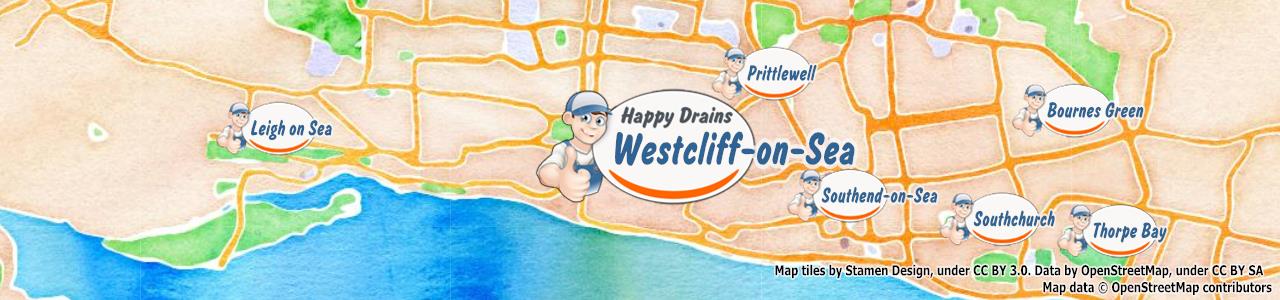 Service area map showing Happy Drains coverage across Westcliff On Sea, Rochford, Southend On Sea (SS0, SS1, SS4)