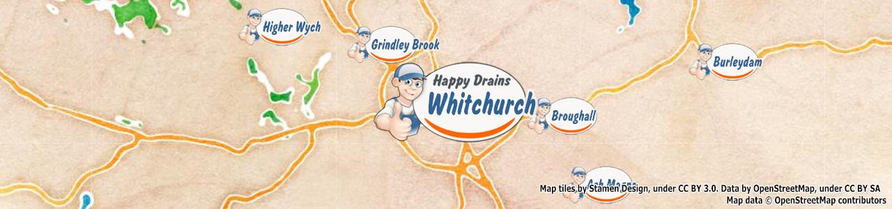Service area map showing Happy Drains coverage across Whitchurch (SY13)