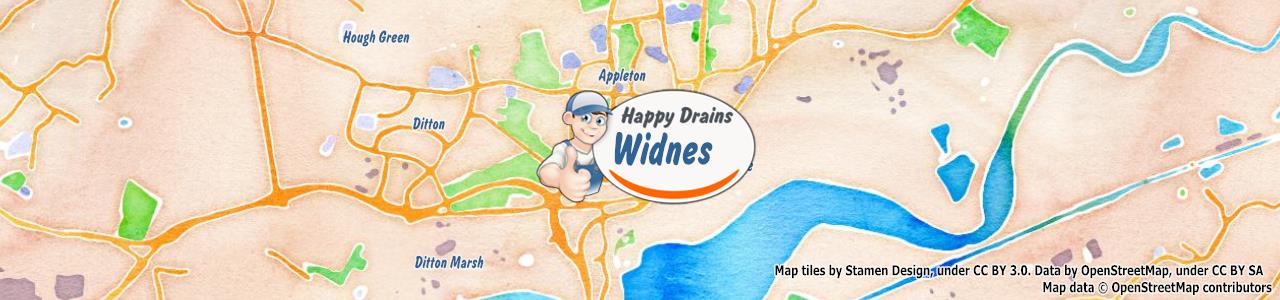 Service area map showing Happy Drains coverage across Widnes (WA8)