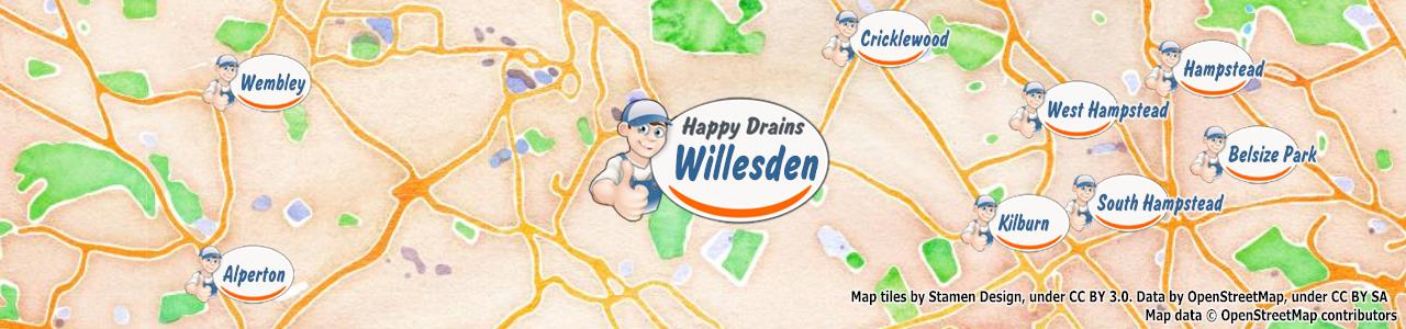 Service area map showing Happy Drains coverage across Willesden (NW10)