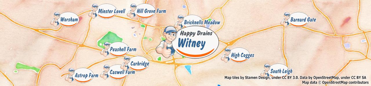 Service area map showing Happy Drains coverage across Witney, Bampton, Burford, Carterton (OX18, OX28)