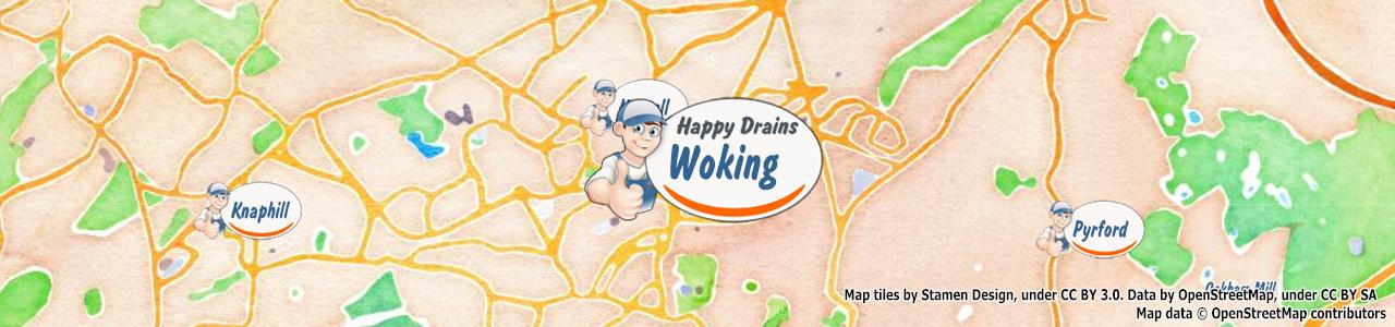 Service area map showing Happy Drains coverage across Woking, Virginia Water (GU21, GU25)