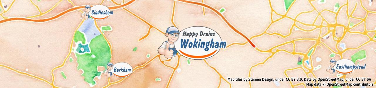 Service area map showing Happy Drains coverage across Wokingham, Crowthorne (RG40, RG45)