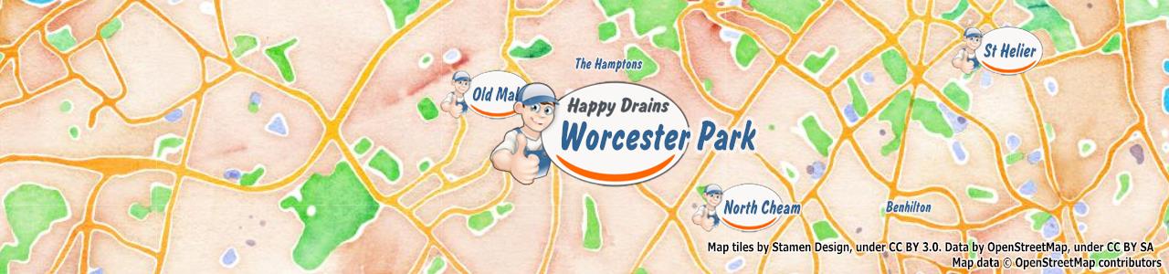 Service area map showing Happy Drains coverage across Worcester Park (KT4)