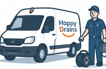 Illustration of a Happy Drains liveried van with an engineer carrying a toolbox