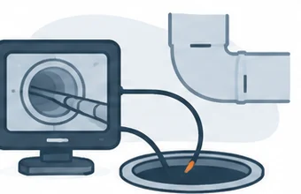 Illustration of a CCTV drain camera feeding live footage to a monitor