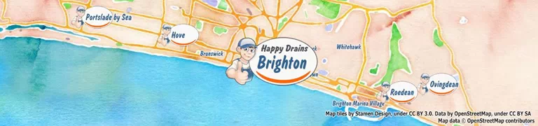 Map showing Happy Drains service area around Brighton including Hove, Portslade, Roedean, and surrounding areas