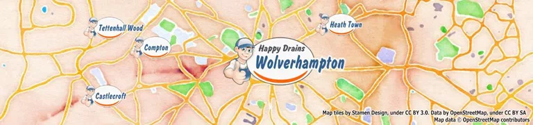 Map showing Happy Drains service area around Wolverhampton including Penn, Tettenhall, Bilston, Willenhall and surrounding areas